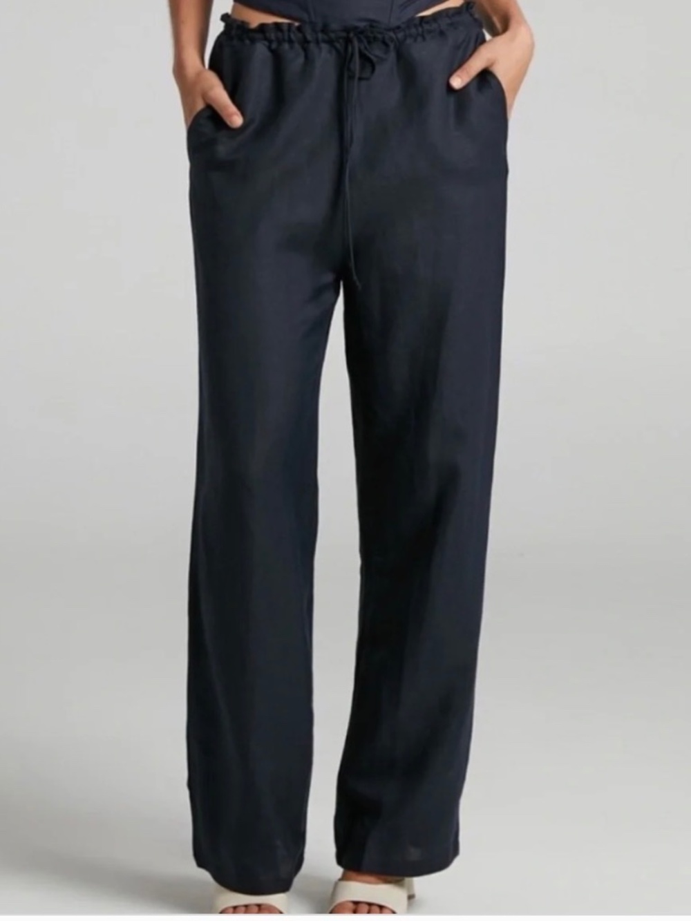 Lioness La Palma Wide Leg Pants Linen Blend Black Sz XS